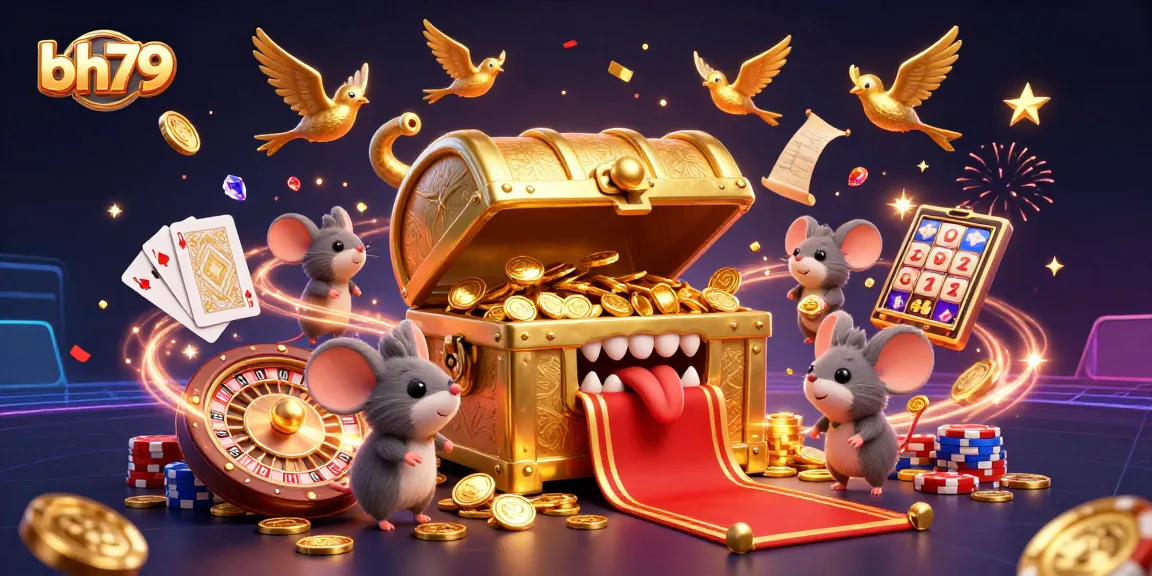 Engaging bh79 casino scene featuring a treasure chest, excited mice, and dynamic gambling elements.