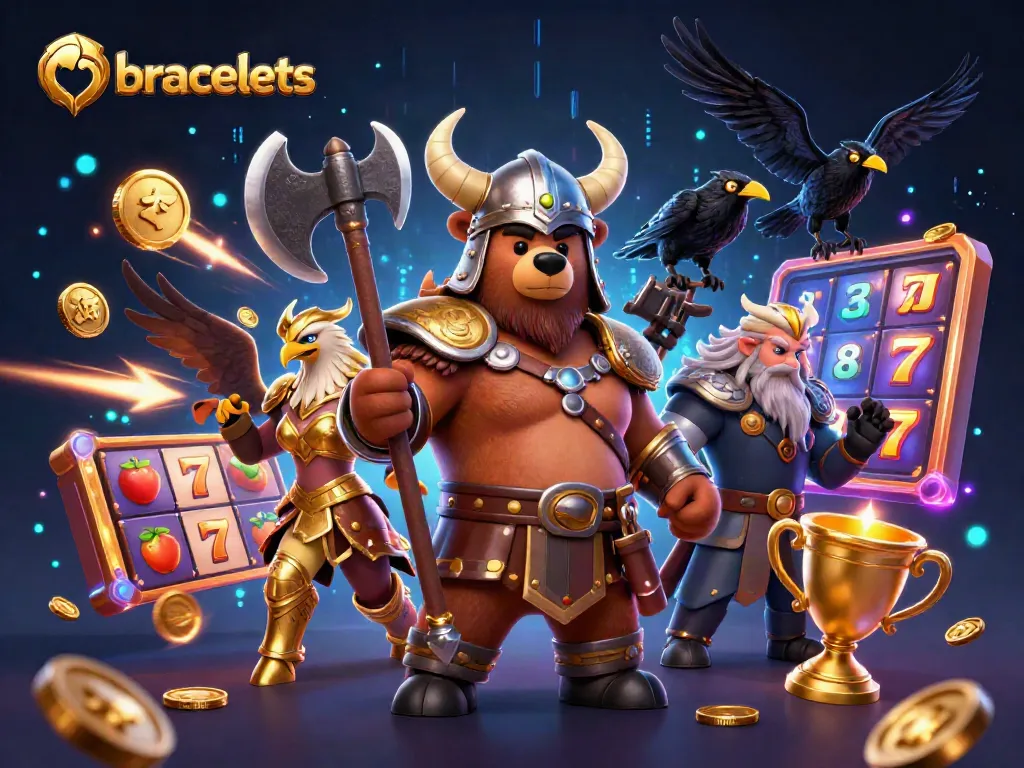 Experience thrilling bracelets action with a Viking and Valkyrie amidst vibrant casino elements.