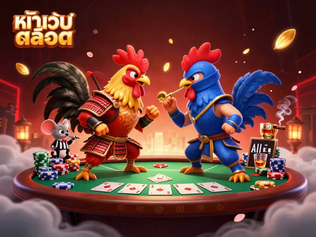 Engage with หน้าเว็บสล็อต through a vibrant illustration of fighting roosters in a dynamic poker showdown.