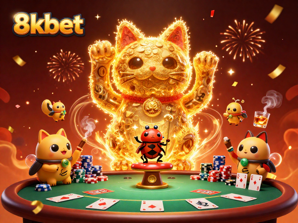 Experience thrilling gameplay at 8xbet with a lucky cat and vibrant poker elements in a vibrant casino setting.