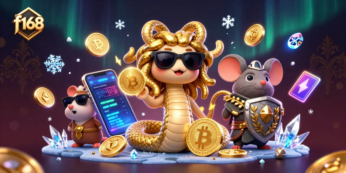 Experience the thrill of f168's games with a friendly Medusa and warrior, amid glowing crypto elements.