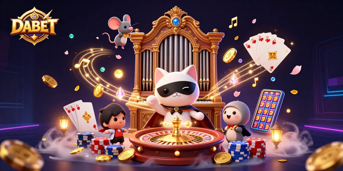 DABET features a casino scene with an elegant phantom cat and a mouse acrobat showcasing a festive atmosphere.