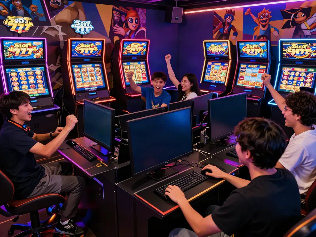Suasana permainan Slot777 yang meriah dengan pemain merayakan kemenangan jackpot.