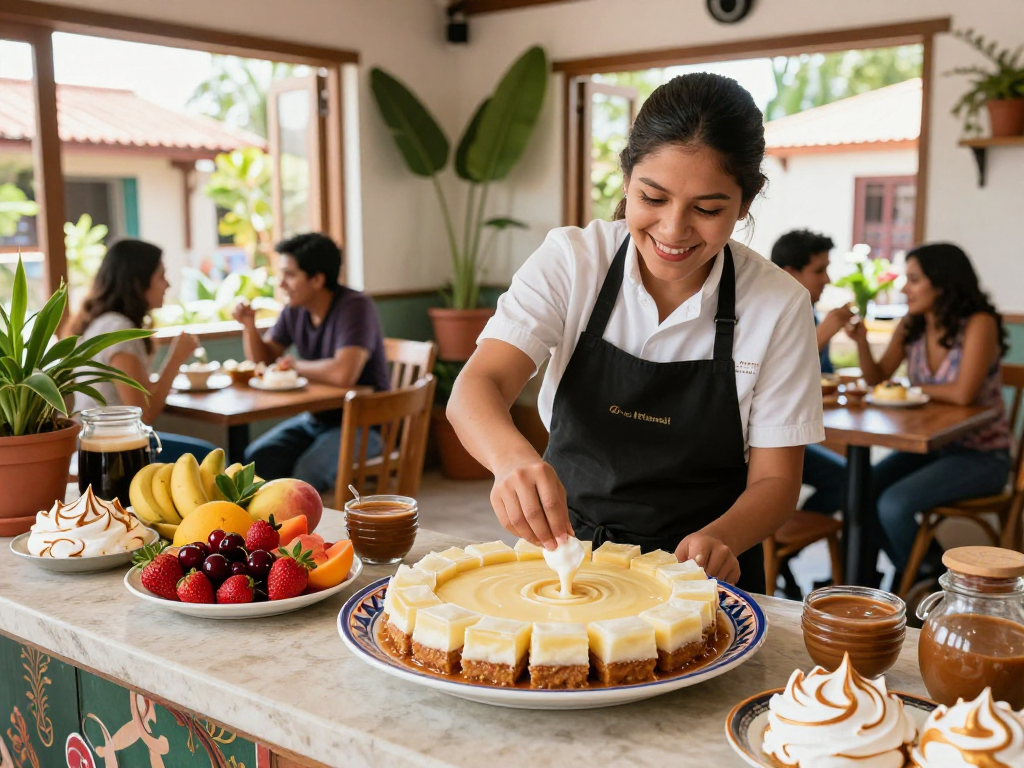 Best suspiro a la limena near me - chef arranging traditional Peruvian dessert in a cozy café.