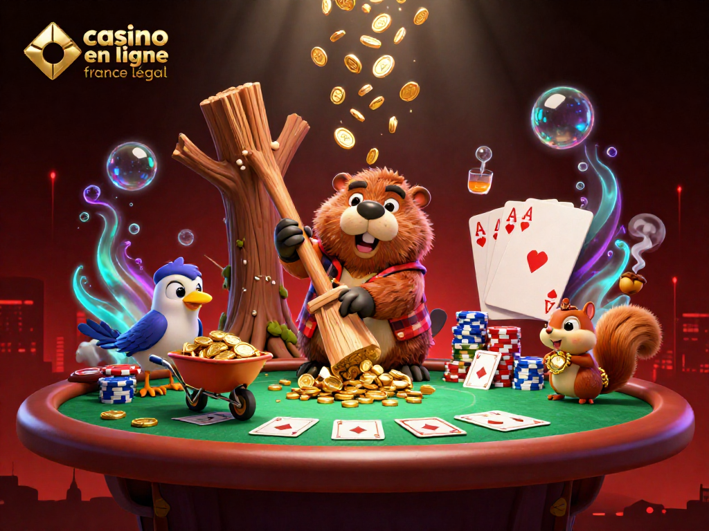 Illustration dynamique d'un castor bûcheron sous le thème de casino en ligne france légal, parsemée de jetons et de cartes.