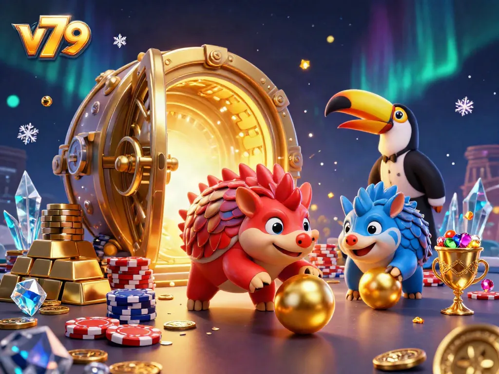 Rival pangolins compete at v79 casino, surrounded by treasures and festive atmosphere.