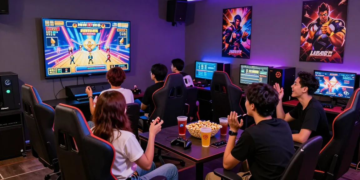 Friends enjoying an exciting slot jepang game in a lively gaming lounge