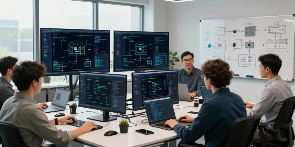 Collaboration in GPU computing workspace with engineers and advanced tech.