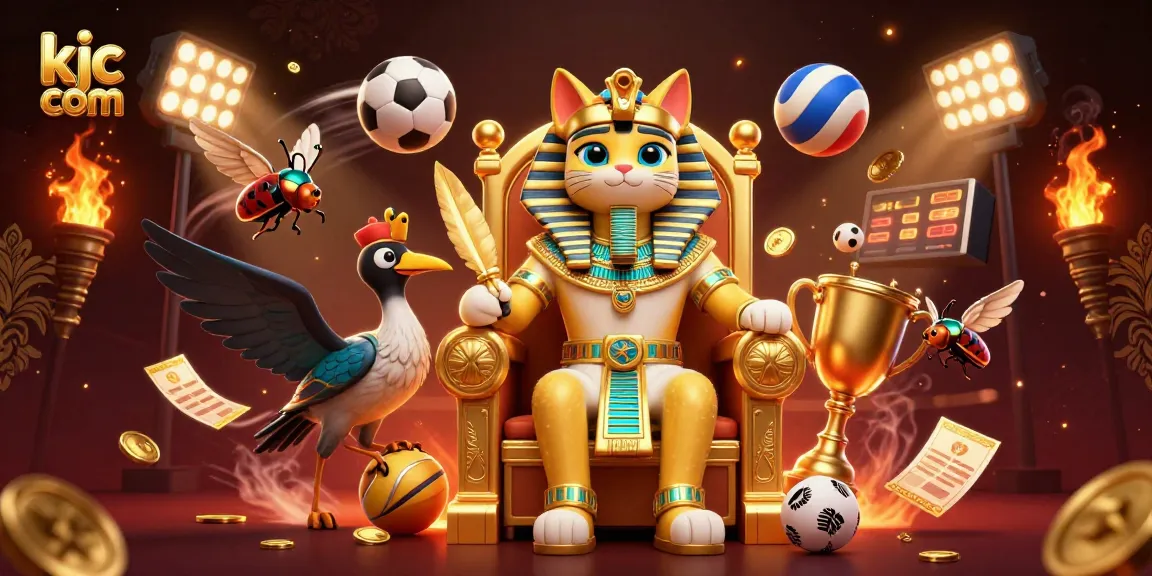 Engage with exclusive offers at kjc com, showcasing dynamic betting scenes with 3D pharaoh cat and sports elements.