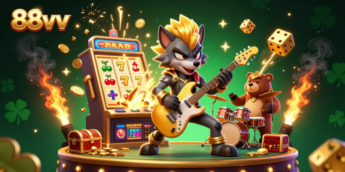 Experience the thrilling jackpot with 88vv's vibrant casino scene, featuring a rock star wolf and treasure-filled excitement.