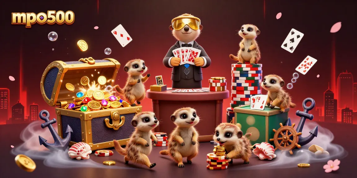 Experience mpo500's vibrant casino environment with playful meerkats managing games and treasure.