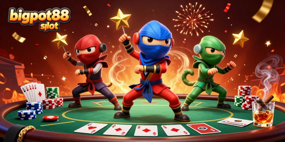 Menggandakan peluang dengan bigpot88 slot, dengan chameleon ninja bertarung di kasino yang penuh warna.