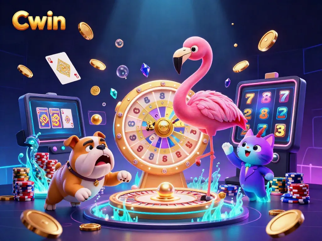 Cwin's vibrant casino scene showcases a flamingo host spinning a prize wheel with a jumping bulldog contestant.
