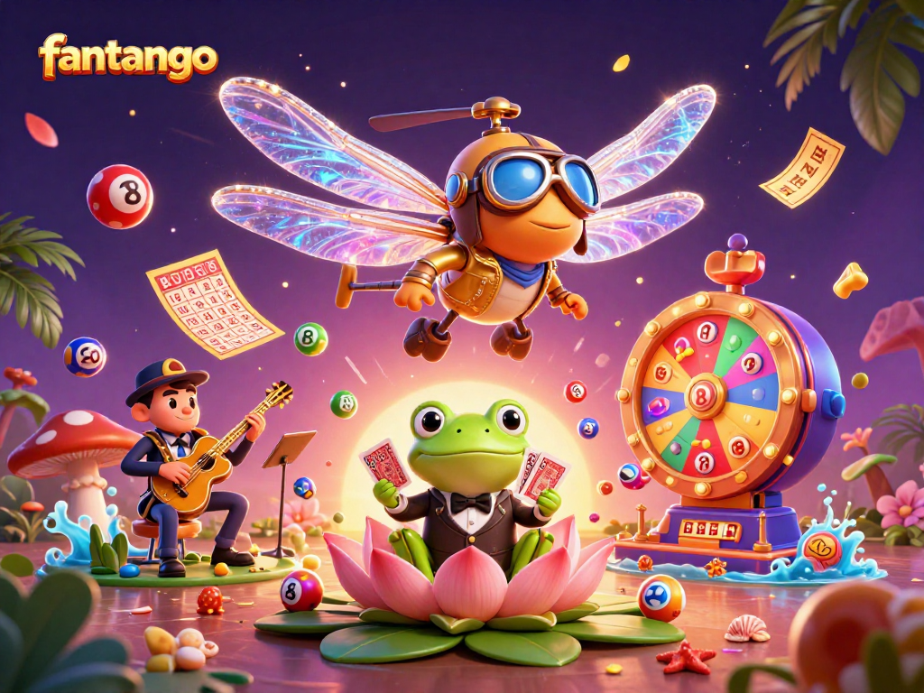 Engage with the joyous atmosphere of fantango as a dragonfly pilot hovers above a vibrant lily pad casino, while a frog croupier deals cards.