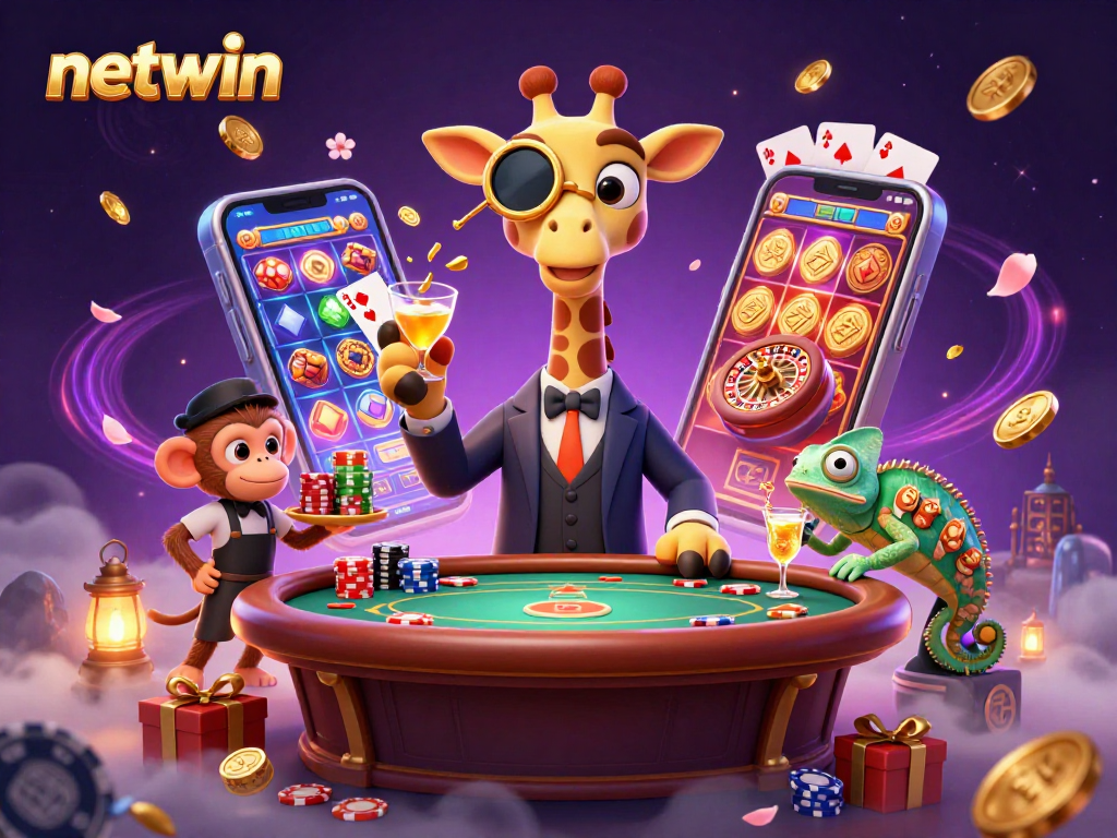 Engage with netwin's vibrant gambling scene featuring a high-roller giraffe, monkey valet, and chameleon bartender.