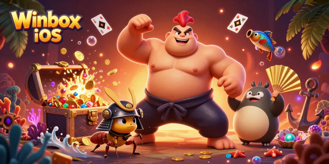 Winbox iOS app features a powerful sumo rooster and fierce cricket in a vibrant casino scene.