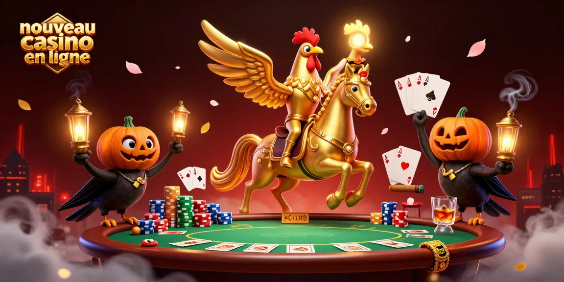 Illustration vibrante d'un nouveau casino en ligne avec un coq doré et des éléments de poker