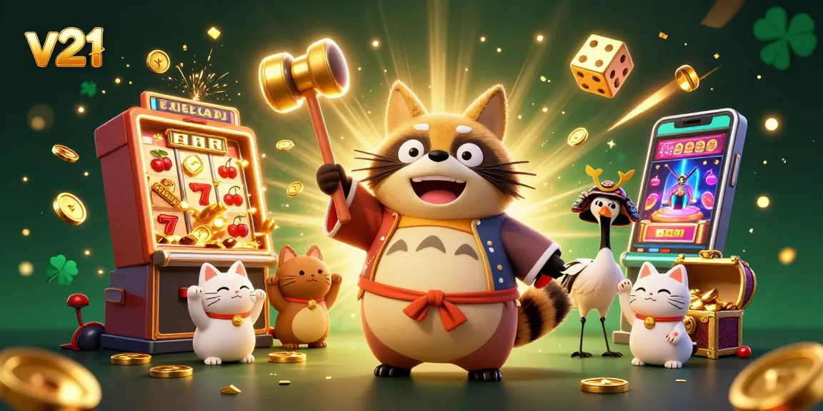 Bergembira bermain dengan v21, slot yang penuh jackpot, dan karakter lucu dalam suasana penuh keberuntungan.