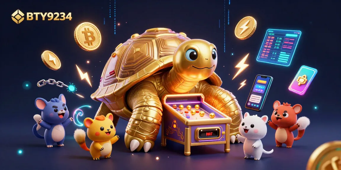 Experience the excitement of BTY9234 with a vibrant 3D cartoon casino scene featuring a golden tortoise and crypto themes.