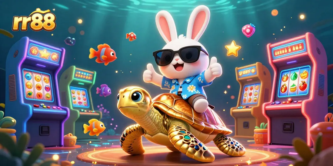 Play games at rr88 with a lucky rabbit and golden turtle in a vibrant casino scene.