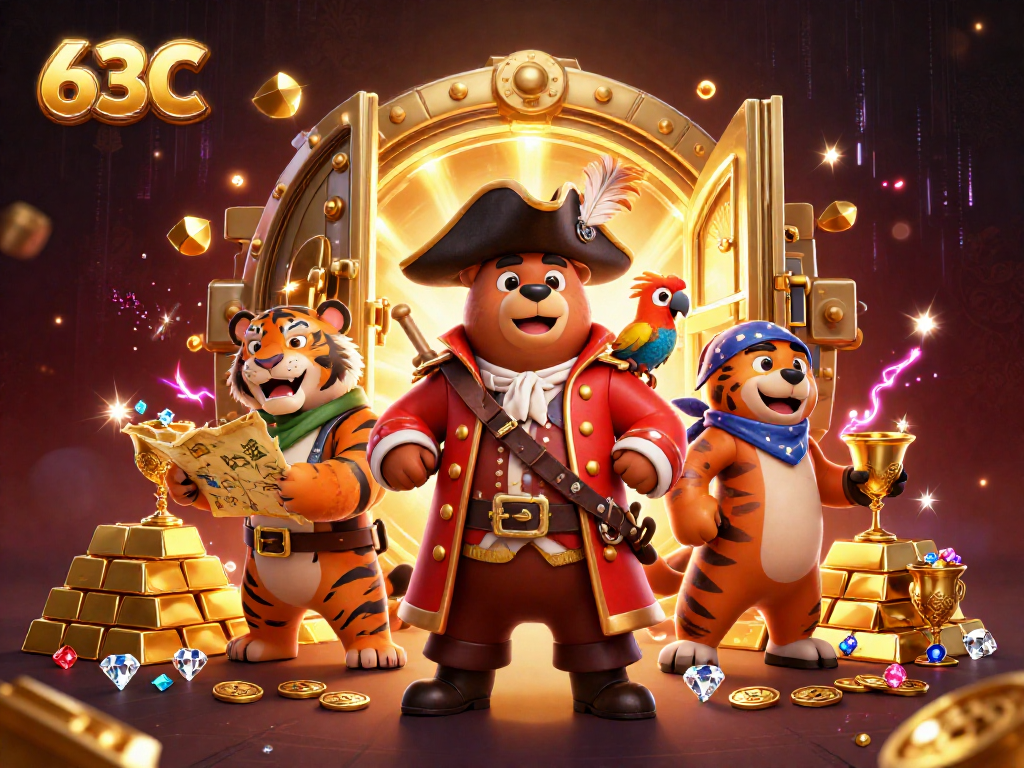 63C reúne um urso pirata, um tigre e um papagaio em meio a tesouros de cassino.
