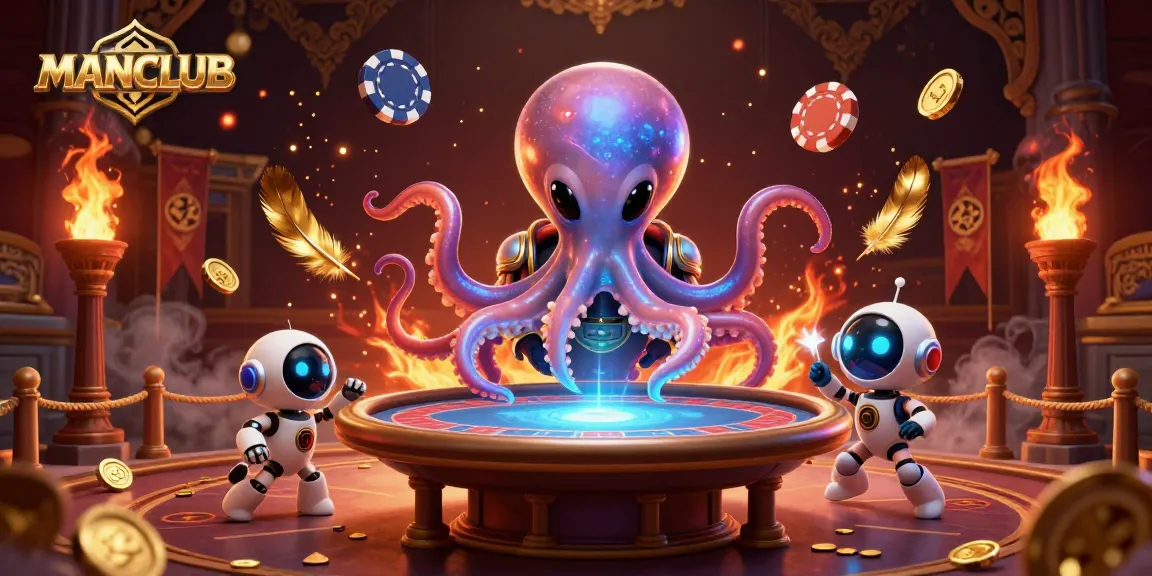Experience casino excitement at MANCLUB with a holographic poker table in a galactic scene.