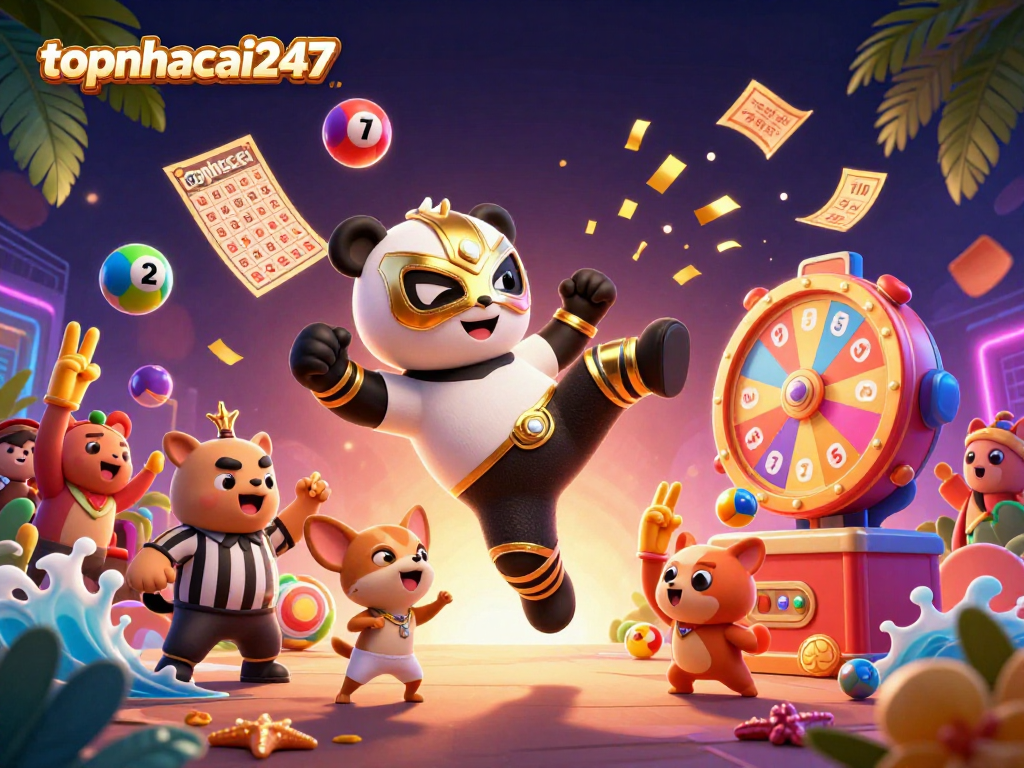 Experience the excitement of topnhacai247 with 3D panda wrestler kicking while colorful lottery elements surround the lively scene.