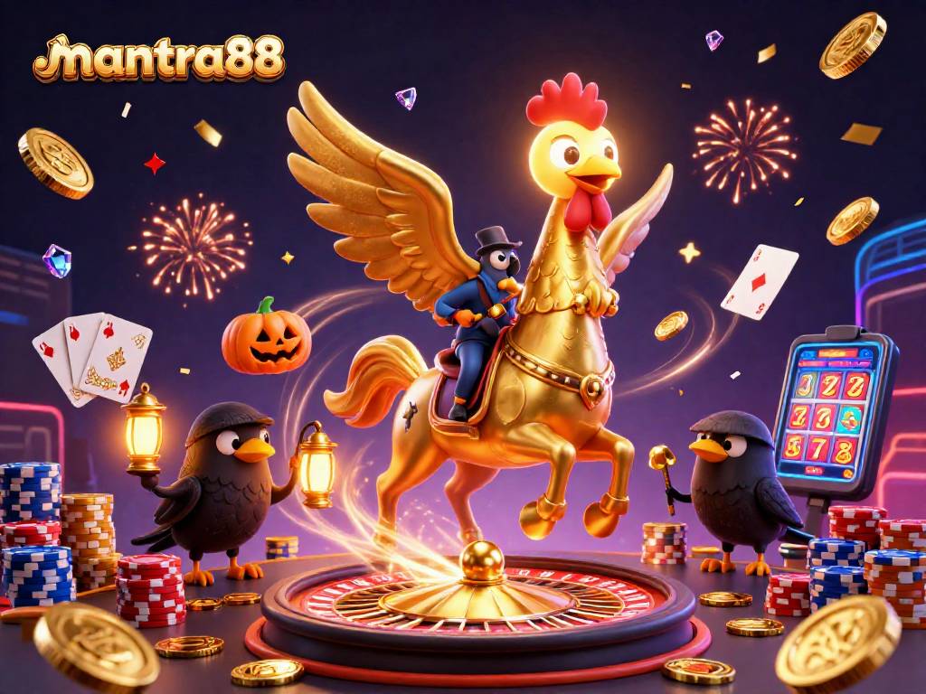 Experience thrilling wins at mantra88 with a golden rooster and magical casino elements in a vibrant illustration.