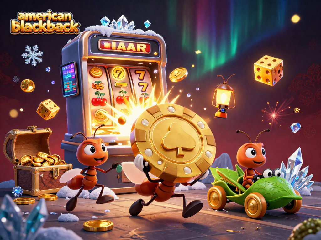Experience the thrill of american-blackjack with lively ants heisting gold amidst vibrant casino elements.