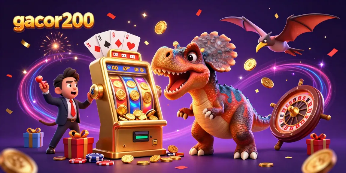 Gacor200 menampilkan dinosaur pachycephalosaurus menang jackpot di mesin slot emas dengan koin berkilau.