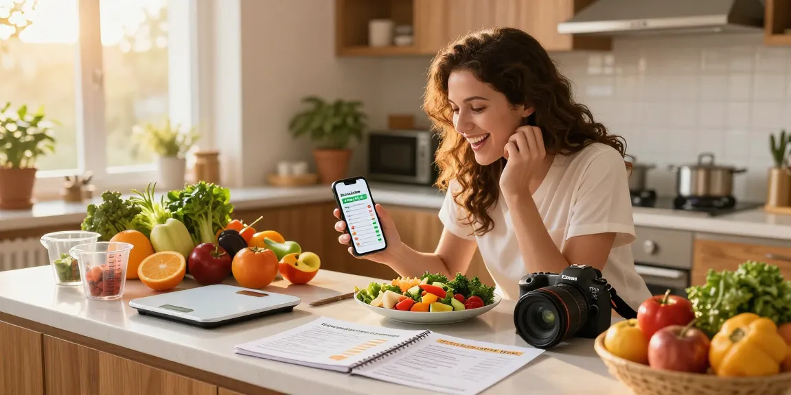 Nutritionist demonstrating the best food tracker app while preparing a healthy meal.