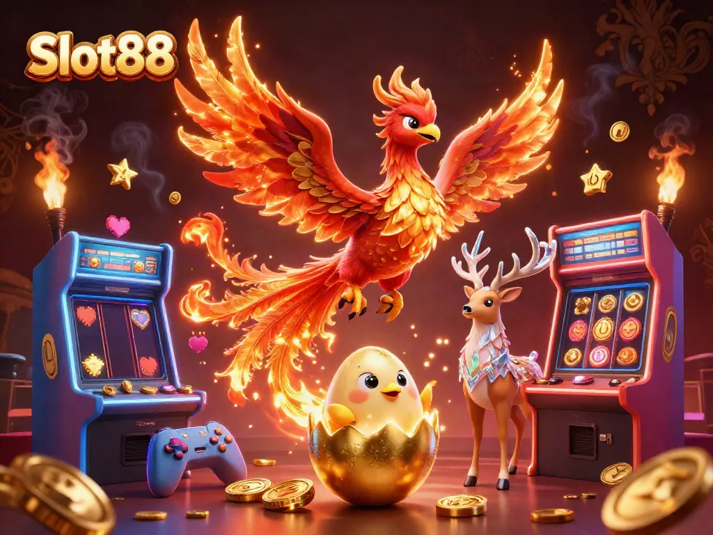 Memainkan Slot88 dengan simbol beruntung dan phoenix yang menyala, dalam perayaan keberuntungan.
