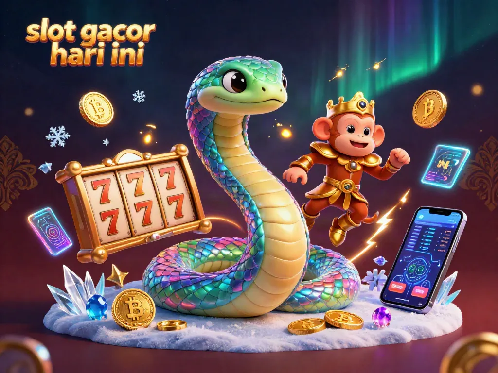 Play slot gacor hari ini with a vibrant scene of a mystical serpent and a golden monkey set against shimmering casino elements.