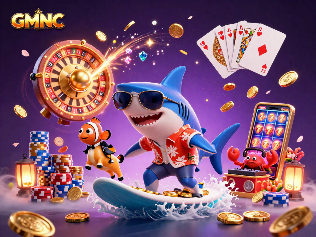 Experience GMNC excitement with the hammer-head shark and friends in vibrant casino fun.