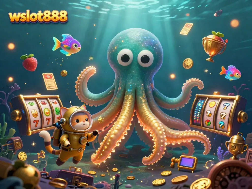 Menangkan permainan wslot888 dengan kraken emas dan simbol slot dalam ilustrasi kasino yang menarik.