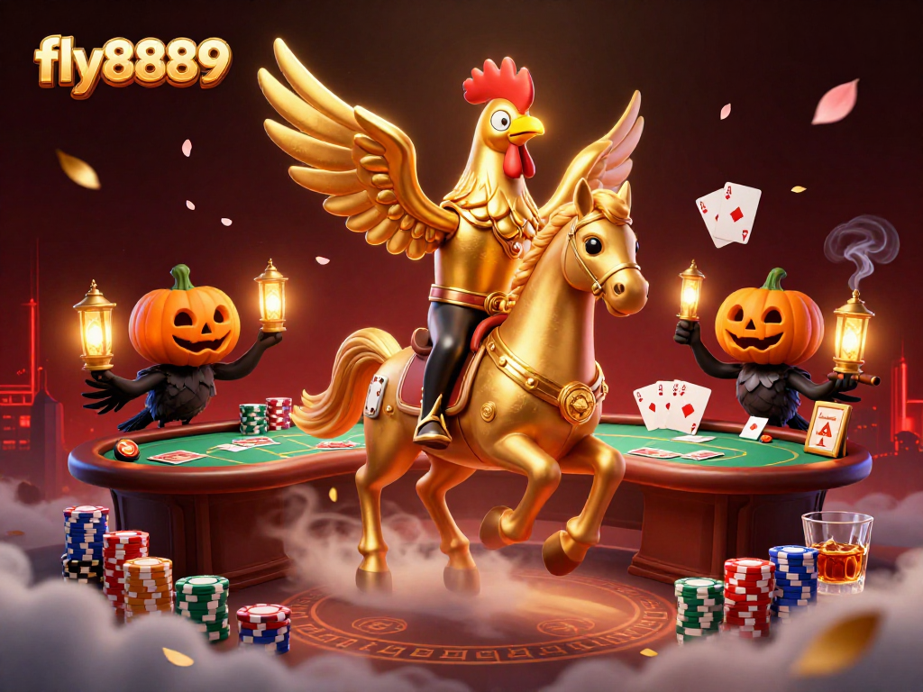 Experience thrilling gaming adventures at fly8889 with a vibrant casino scene featuring a golden rooster.
