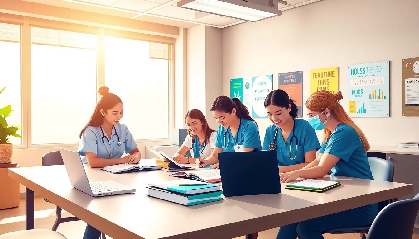 Students engaged in study sessions at the Houston Trusted NCLEX review center with bright lighting.