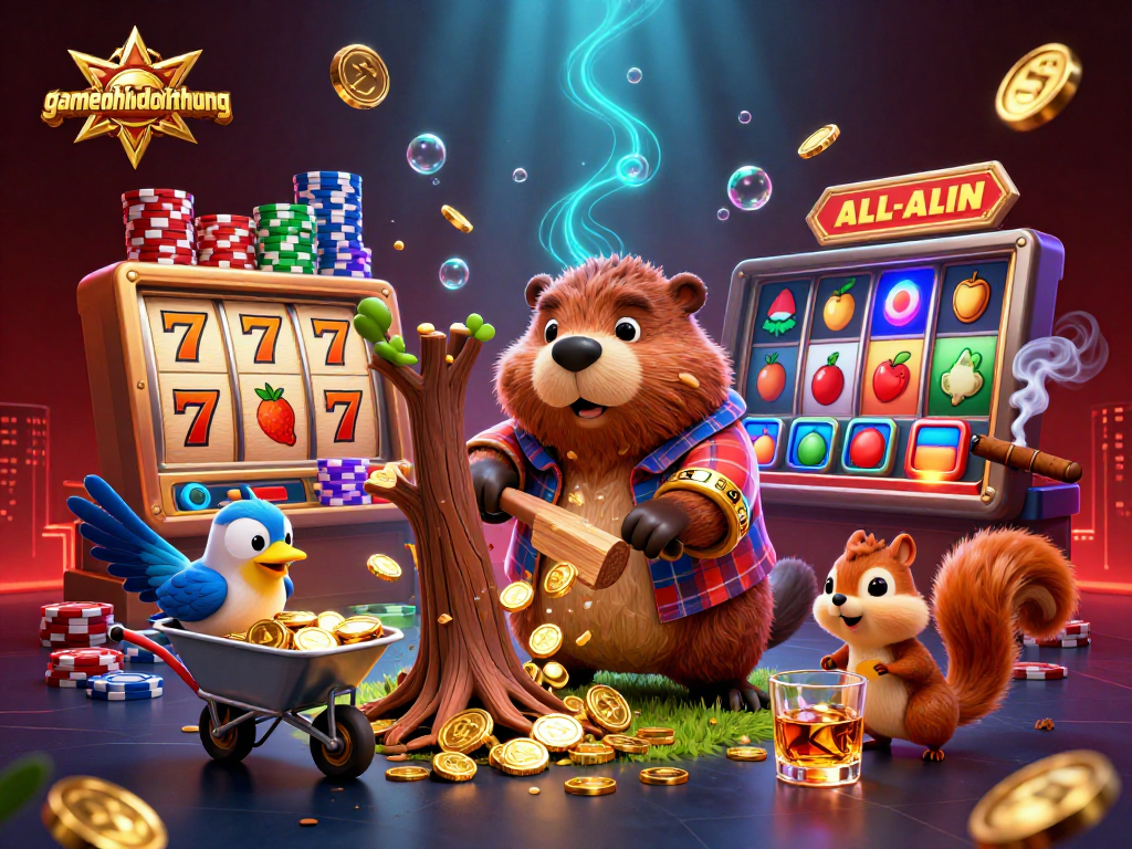 Gamenohudoithuong features a vibrant scene with a 3D lumberjack beaver, lucky slot icons, and colorful casino elements.
