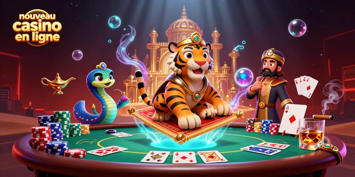 Illustration 3D de type cartoon présentant un sultan tigre sur un tapis volant, thème nouveau casino en ligne.