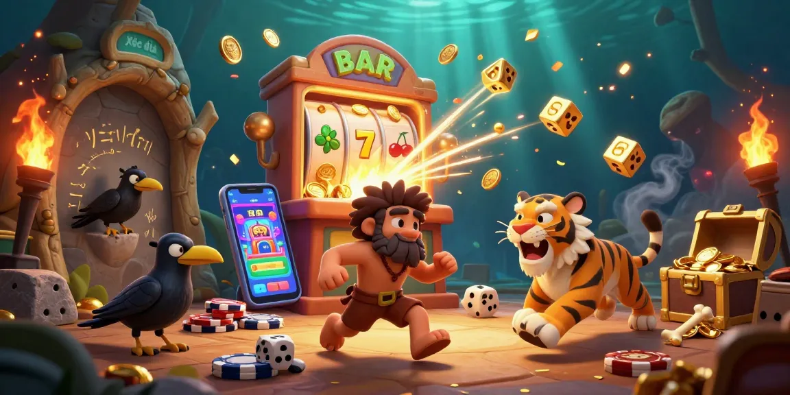 Xóc đĩa game scene showcasing a prehistoric casino with unique characters, dynamic betting elements, and vibrant jackpot features.