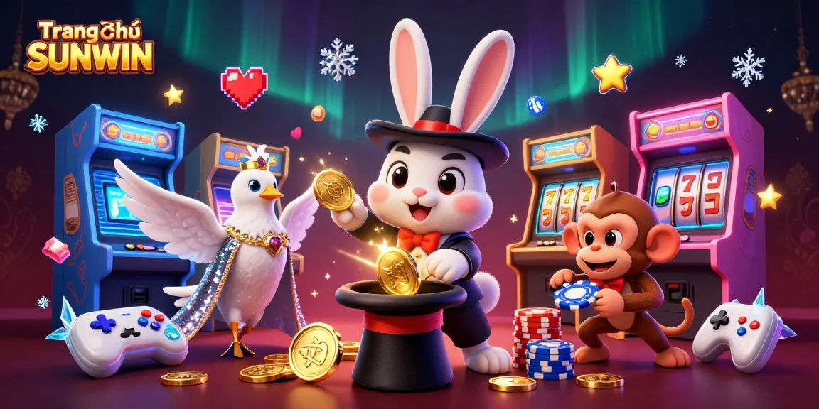 Experience thrilling games with Trang chủ SUNWIN's vibrant cartoon casino scene featuring a magician rabbit, coins, and poker chips.