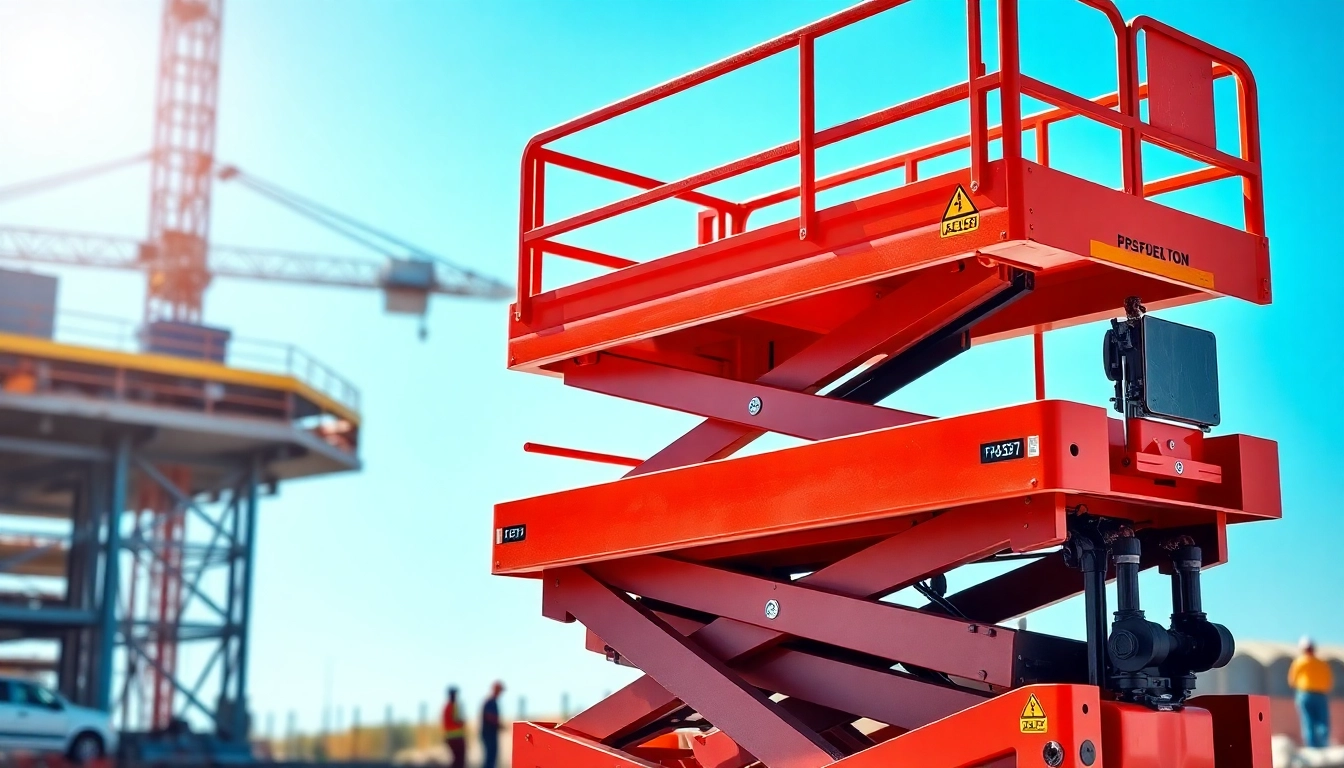Scissor lift operating at a construction site with workers efficiently managing tasks.