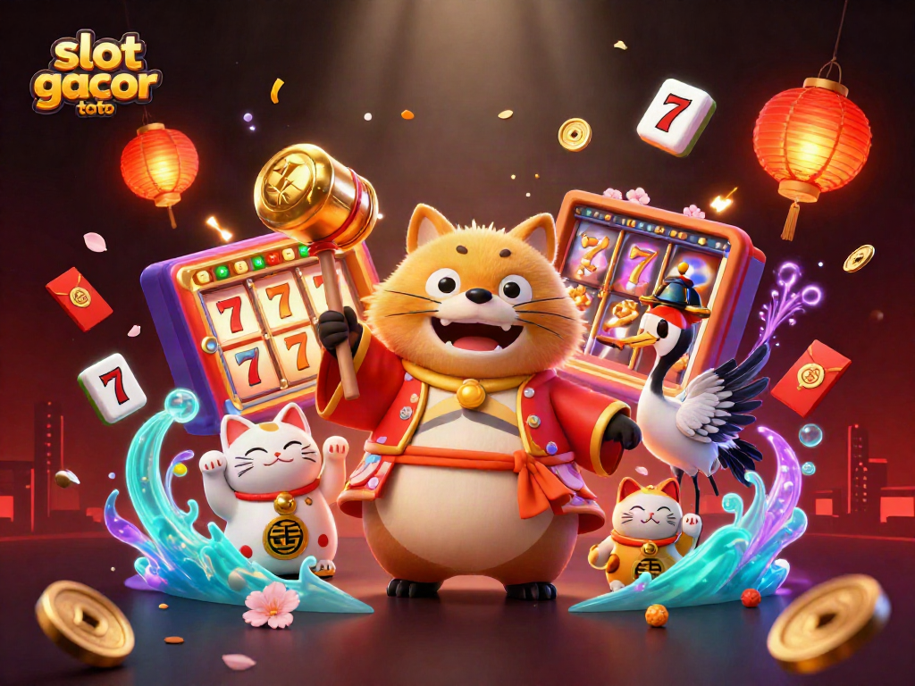 Play exciting slot gacor toto with a lively 3D scene featuring a cheerful tanuki and colorful symbols.