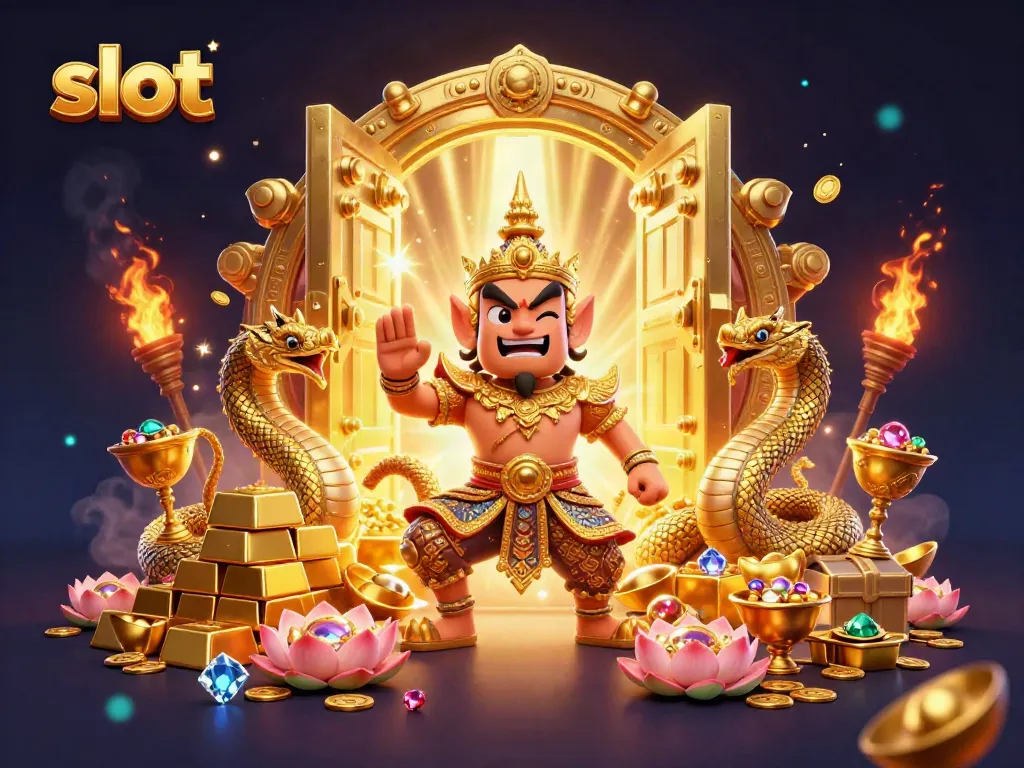 Slot yang menarik ini menampilkan penjaga kuil Thai yang ramah dikelilingi harta karun emas.