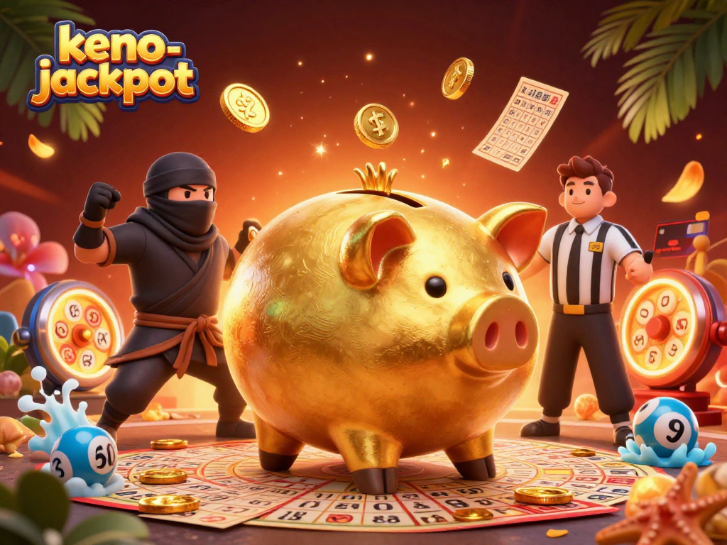 Engage with the keno-jackpot scene featuring a dynamic golden piggy bank and vibrant casino elements.