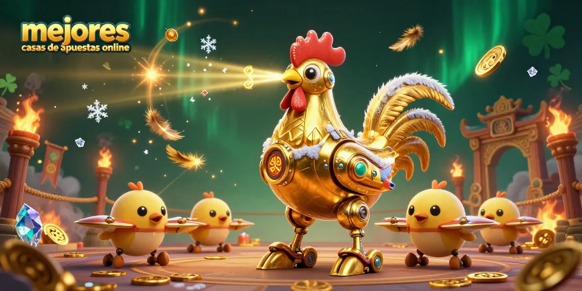 Mejores casas de apuestas online en acción con un gallo robot y drones, golpeando el escenario con energía.