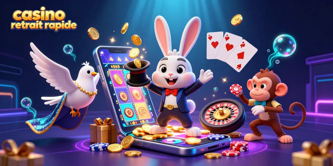 Un jeu de casino avec un lapin magique, une colombe glamoureuse et un singe joueur, illustrant le casino retrait rapide.