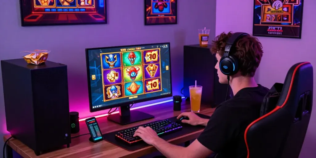Engaged player exploring slot resmi games on a vibrant setup with gaming accessories and dynamic visuals.