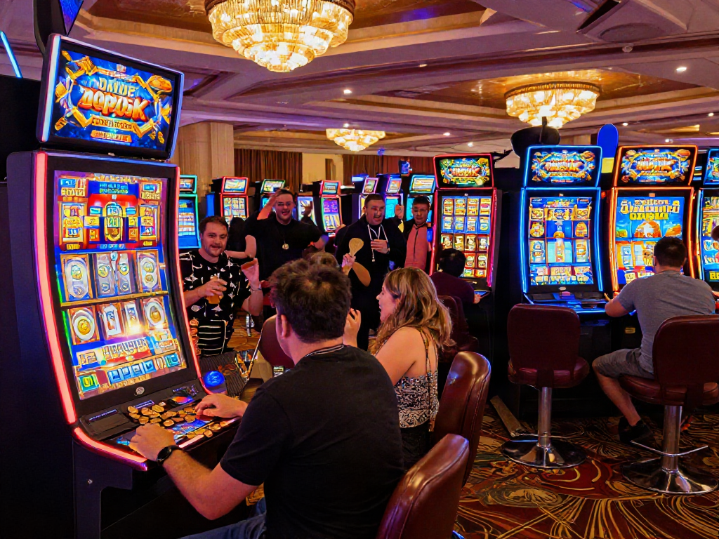 Excited players celebrating a big win at a colorful slot depo 5k machine in a vibrant casino.