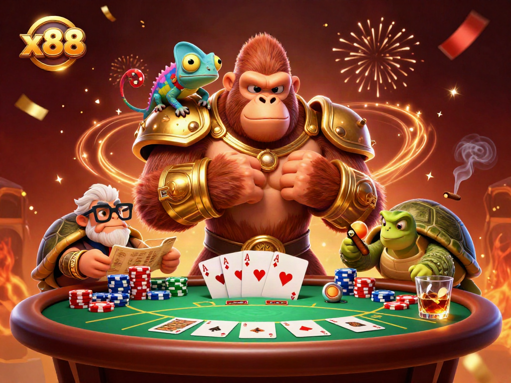 X88 casino scene showcasing a mighty gorilla in battle armor and a chameleon companion at a poker table.